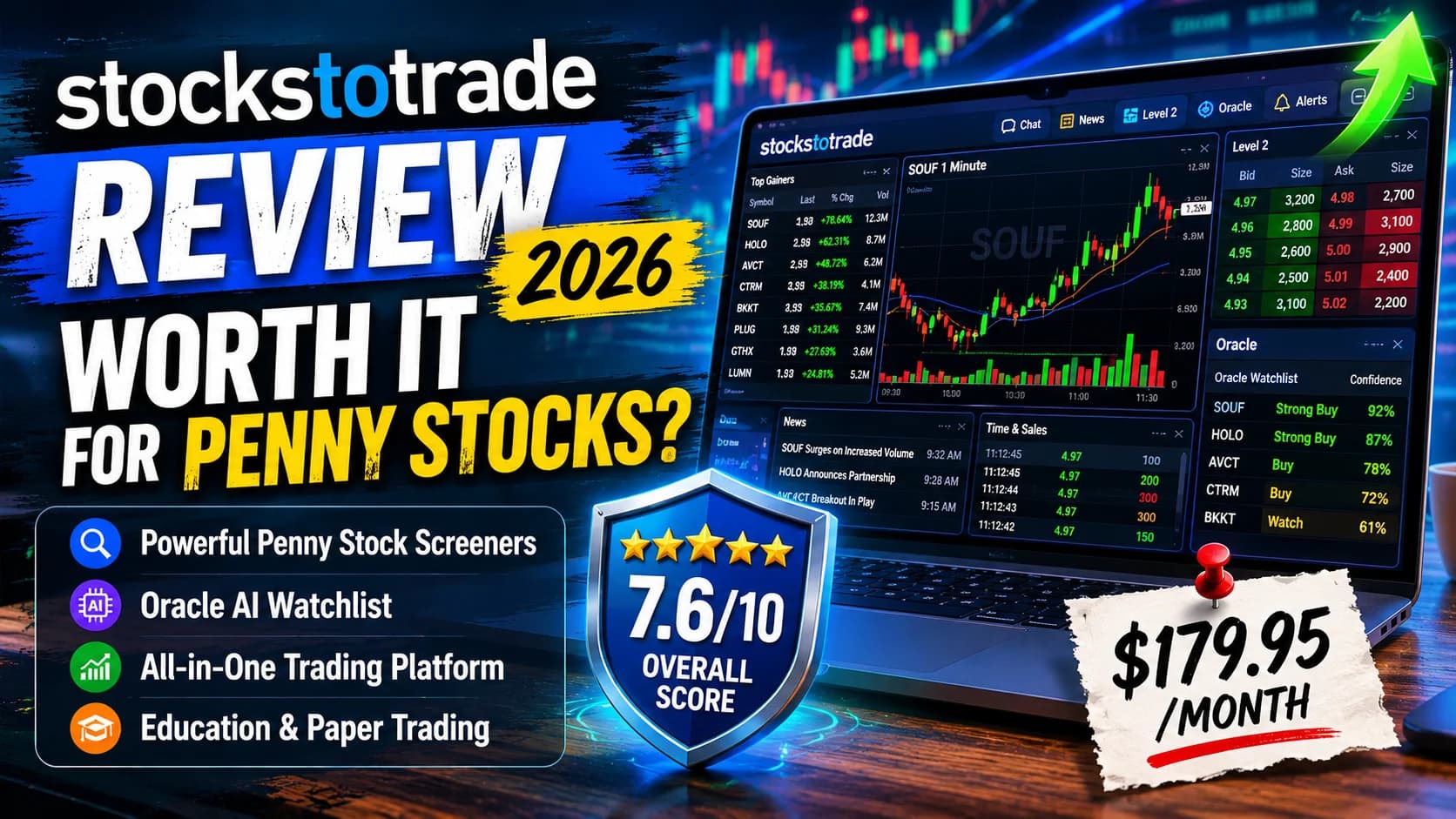 StocksToTrade Review 2026 featured image showing penny stock scanners, Oracle AI watchlist, Level 2 trading screen, and $179.95 monthly pricing for active small-cap traders.