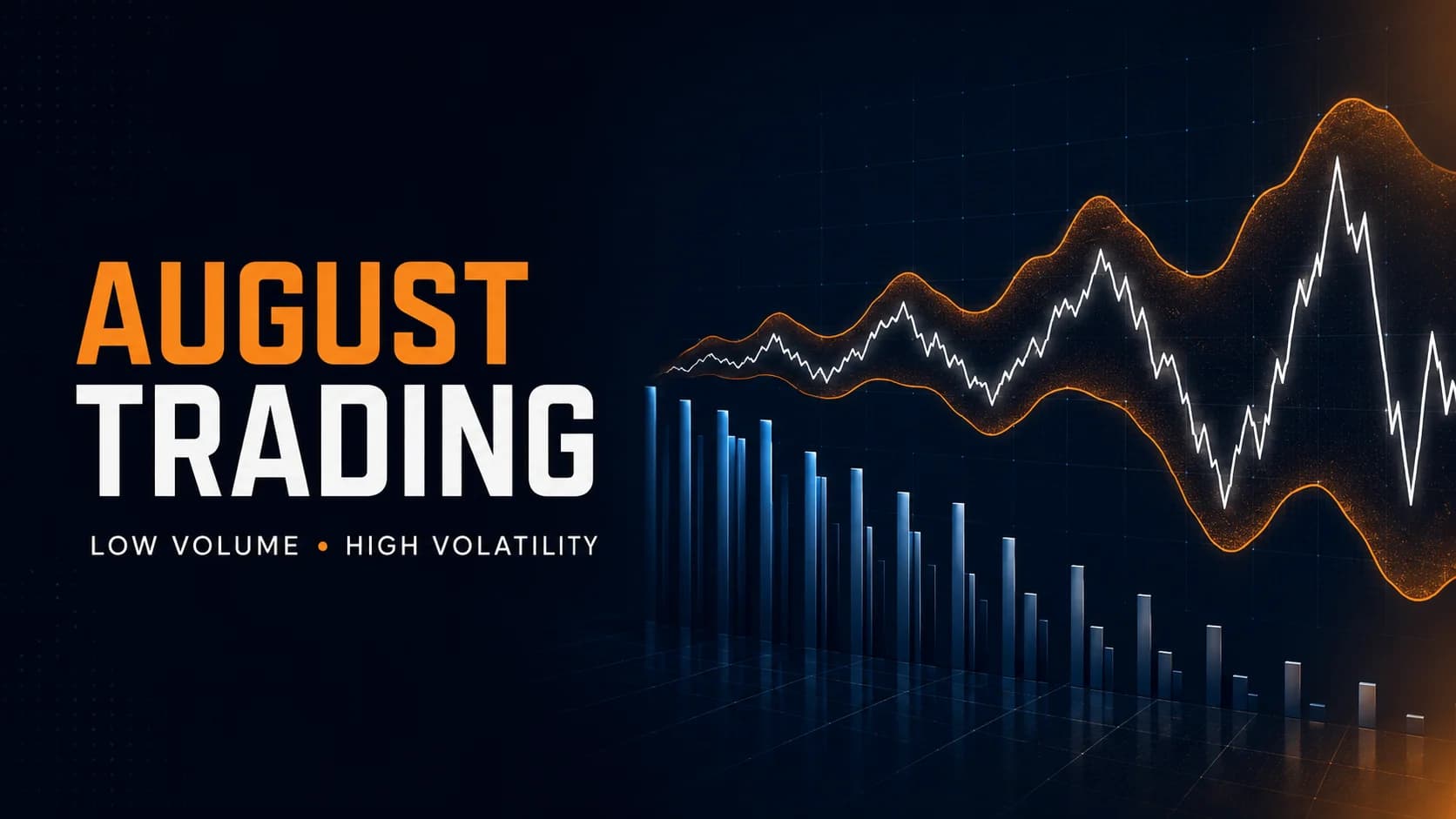 August trading featured image showing declining volume bars alongside expanding market volatility and larger price swings.