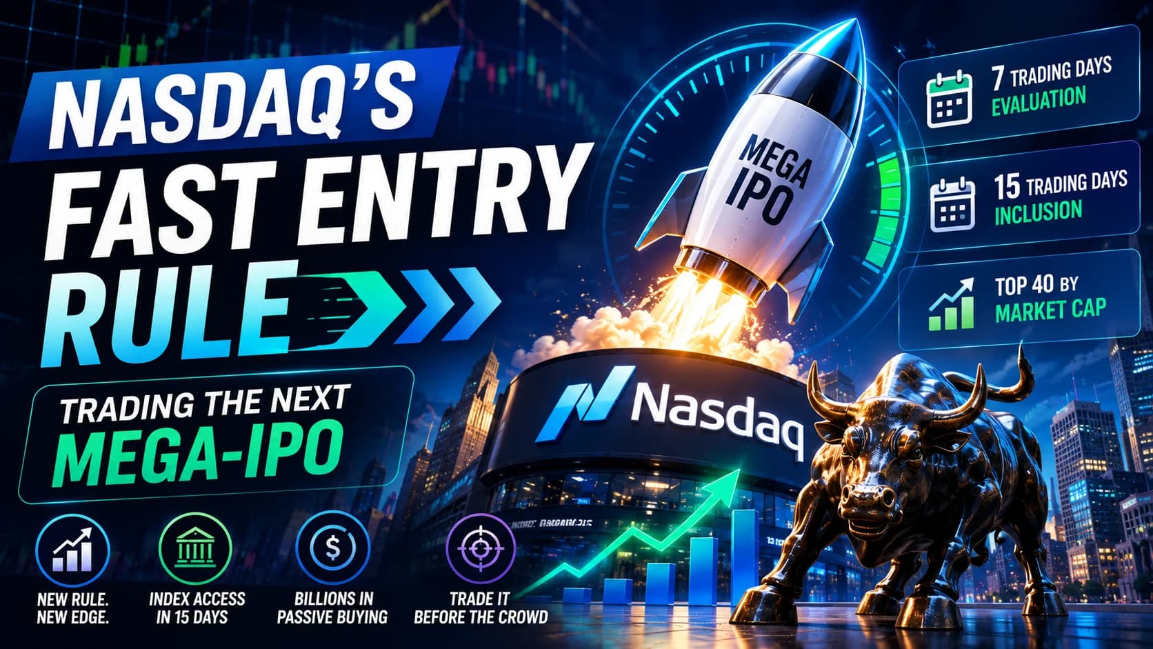 Nasdaq Fast Entry Rule featured image showing a mega IPO, Nasdaq-100 index, stock market charts, and the 15-day fast-track inclusion process for day traders.